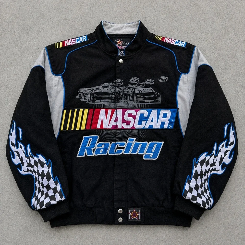 JH Design NASCAR Racing Jacket Mens Large Black Cotton Twill Embroidered Flames